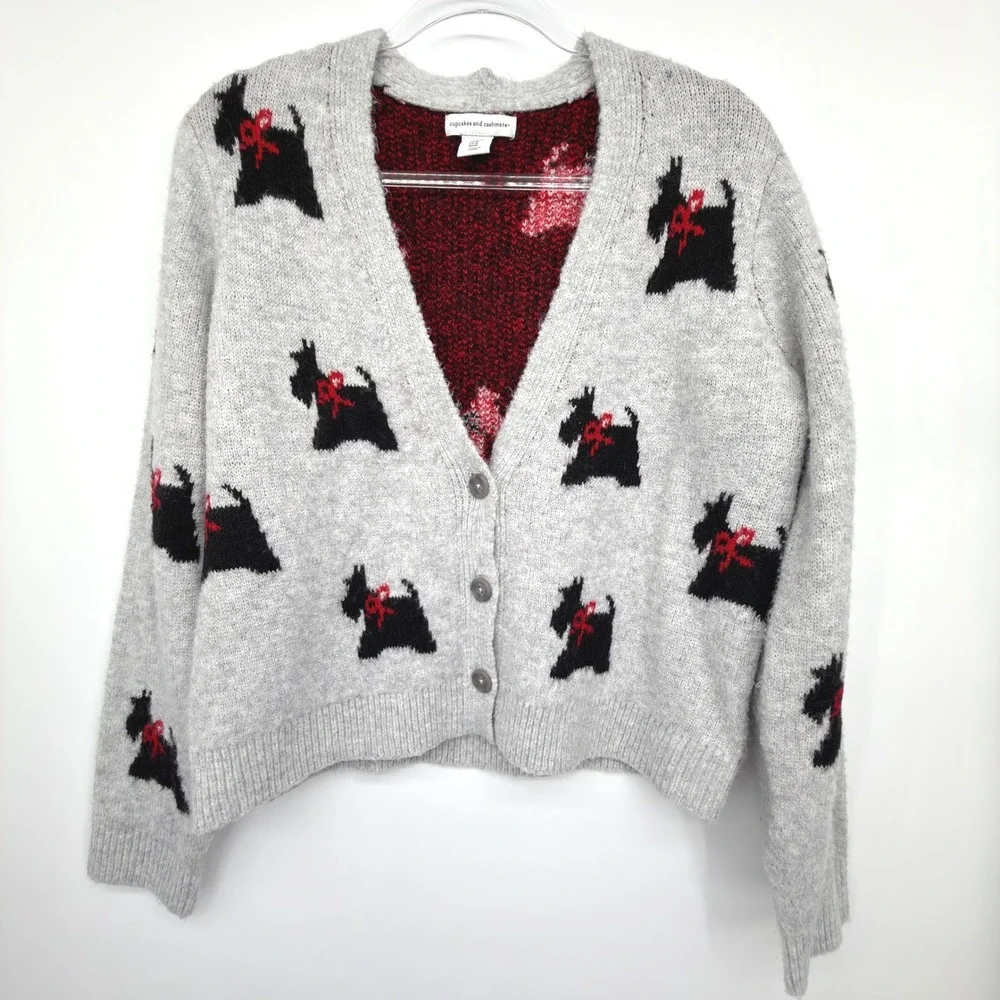 Cupcakes and Cashmere Scottie Dog Cardigan Sweater Women's Medium Gray Knit